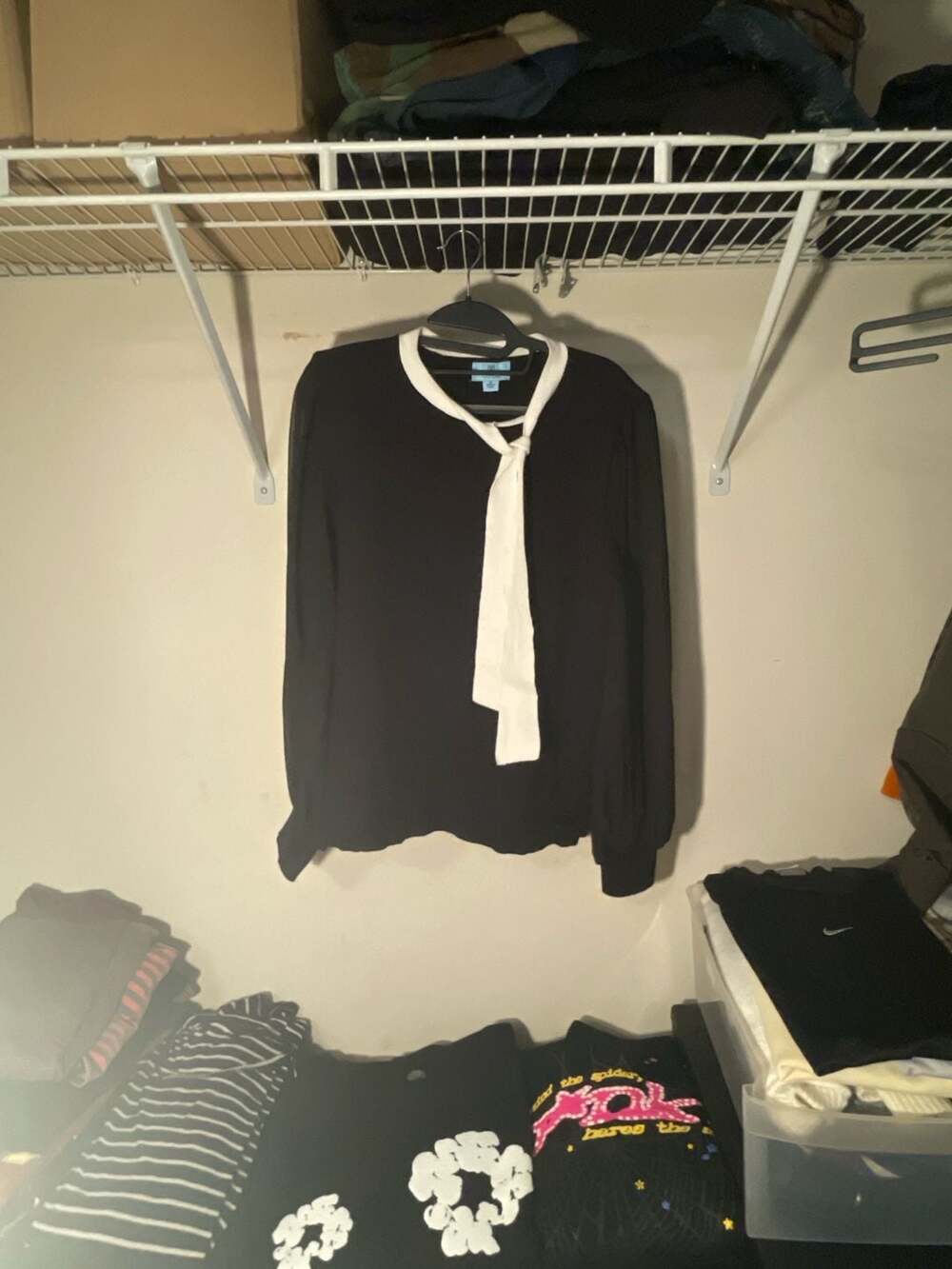 CeCe Black Long Sleeve Tie Neck Blouse with Contrast Collar